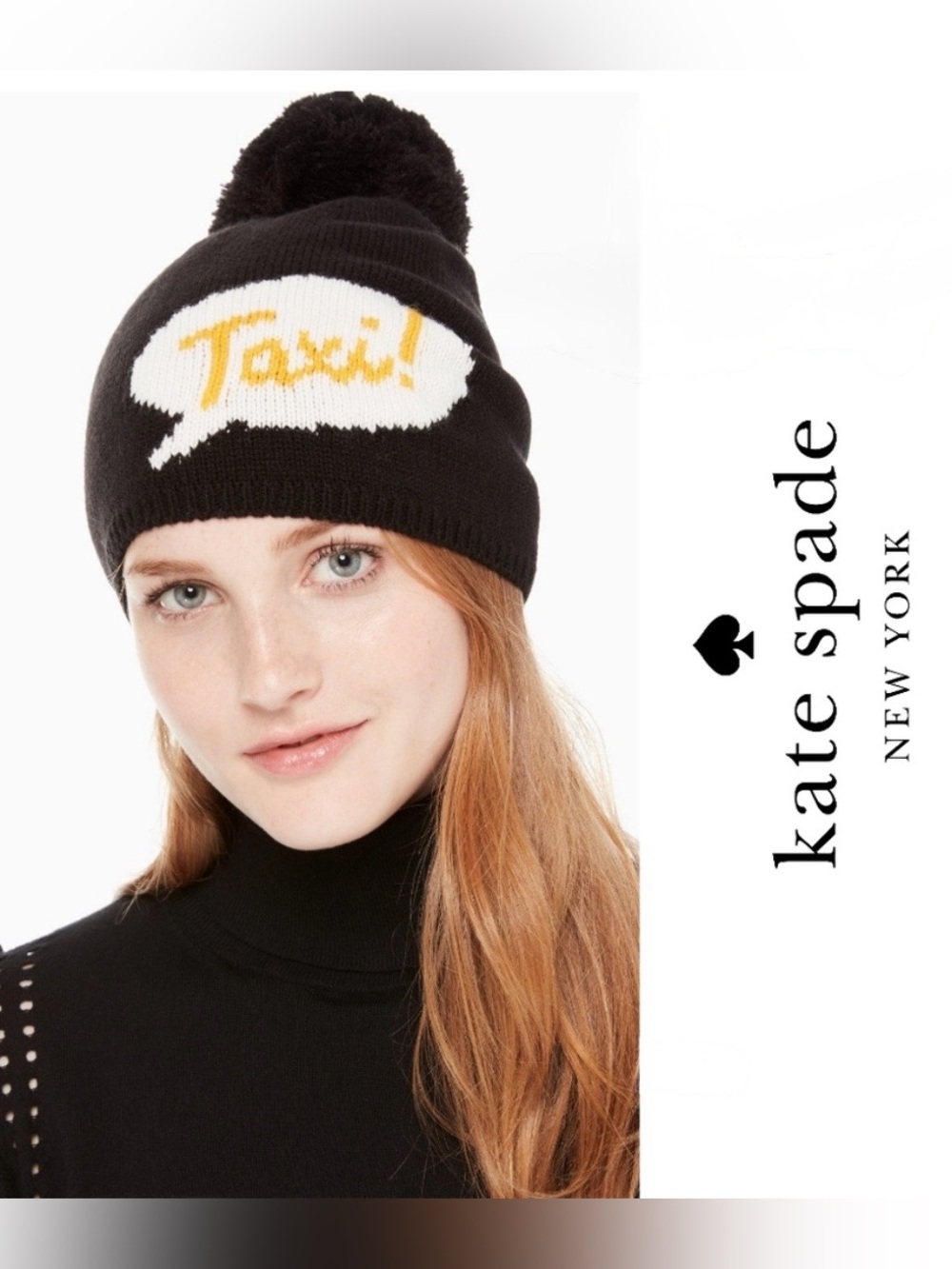 NWT Kate Spade New York Black "Taxi" Word Bubble Pom-Pom Beanie Hat MSRP $58